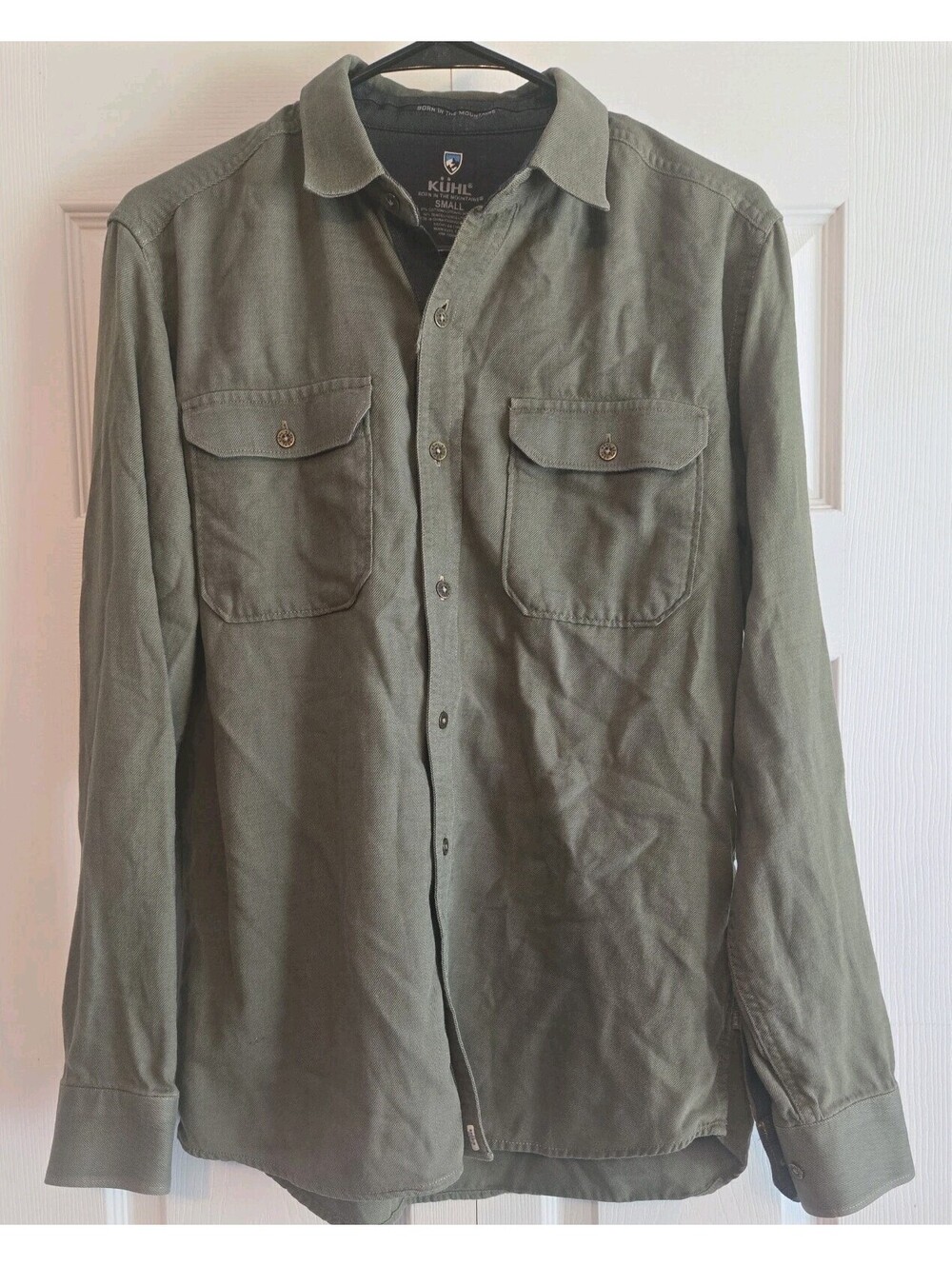 Kuhl Mens Long Sleeve Button Down Shirt Olive Green Outdoors Hiking Utility Sz S